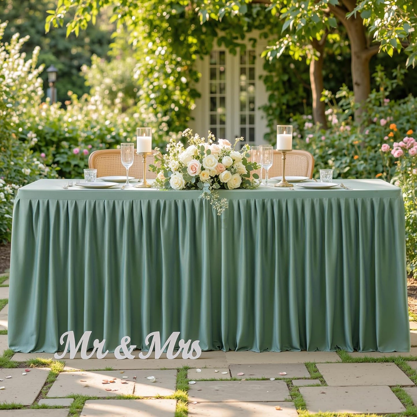 Sage Green Table Clothes for Rectangle Tables 6ft, Wrinkle Resistant Fitted Table Cloth with Pleated Ruffle Skirts for Banquet Wedding Baby Shower Folding Tables