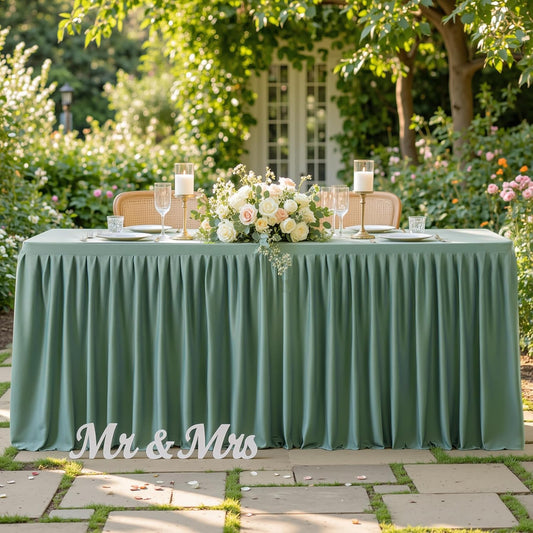 Sage Green Table Clothes for Rectangle Tables 6ft, Wrinkle Resistant Fitted Table Cloth with Pleated Ruffle Skirts for Banquet Wedding Baby Shower Folding Tables