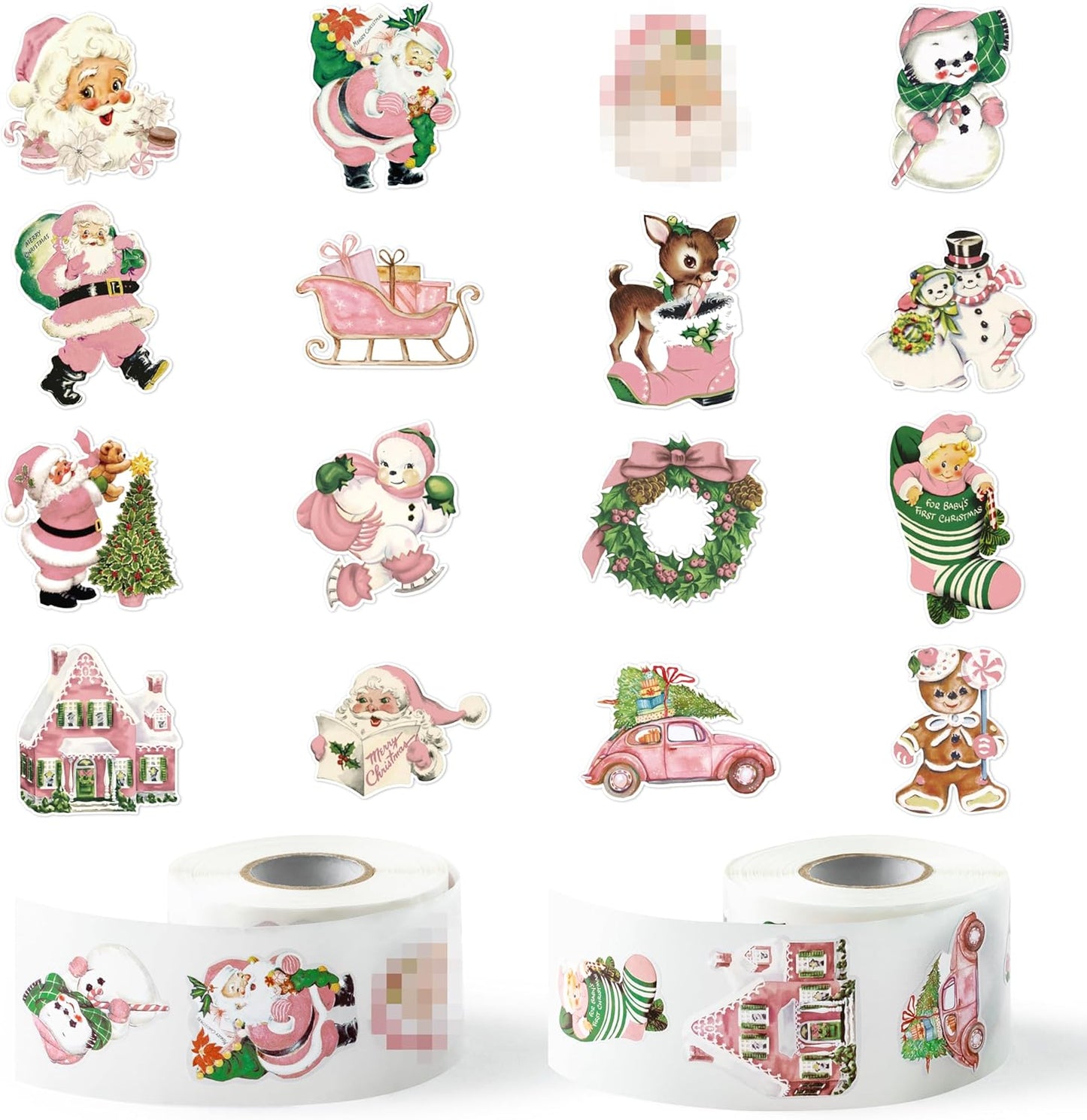 Vintage Pink Christmas Stickers - 1000pcs Winter Cartoon Retro Christmas Sticker Rolls Pink Victorian Santa Claus Elk Snowman Gingerbread Decorative Decals Xmas Holiday Party Decorations