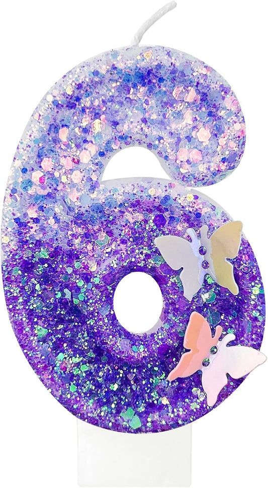 6Th Birthday Candle for Cake，Butterfly Cake Toppers，Butterfly Birthday Decorations，Purple Birthday Candles，for Birthdays,Theme Parties, Celebration, Anniversary