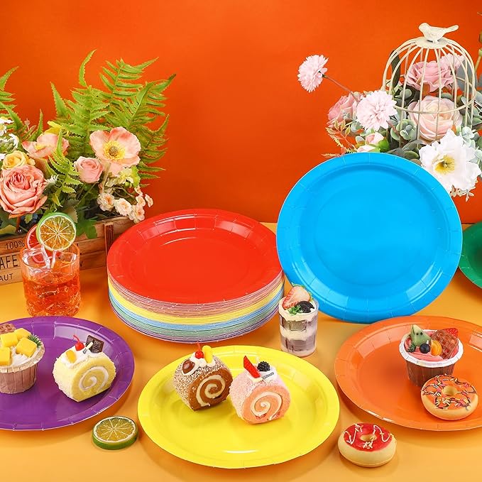 Kochorie 150 Pieces Rainbow Disposable Paper Plates 9 Inch Heavy Duty Dinner Plates, Solid Color, Table Decorations Party Supplies for Birthdays, Weddings, Daily Use