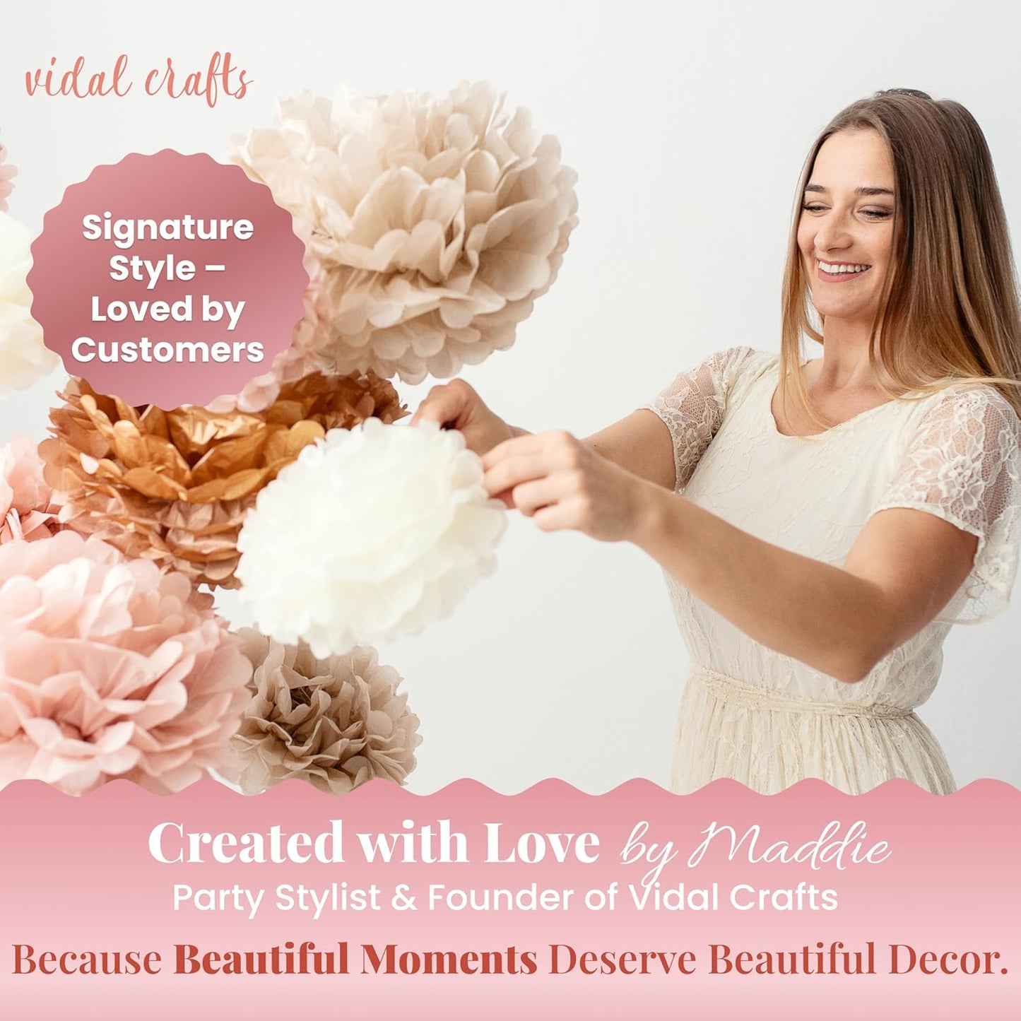 Vidal Crafts 20-Piece Boho Tissue Paper Pom Poms - Hanging Tissue Paper Flowers for Bridal Shower Decorations, Baby Shower Decorations for Girl, Wedding, Birthday Party - Assorted Sizes 6" to 14"