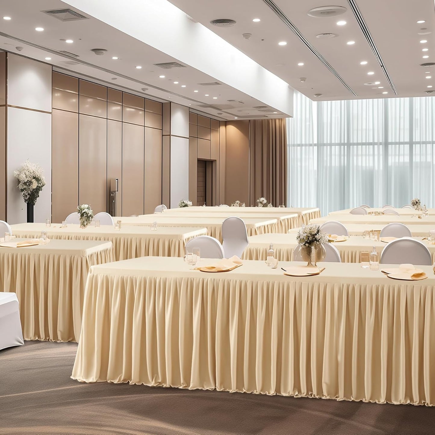 Champagne Polyester Table Skirt for Rectangle Tables 6ft, Wrinkle Free Pleated Ruffle Fitted Table Cover 6ft Stretch Tablecloths with Skirt for Parties Weddings Birthday Banquet Baby Shower