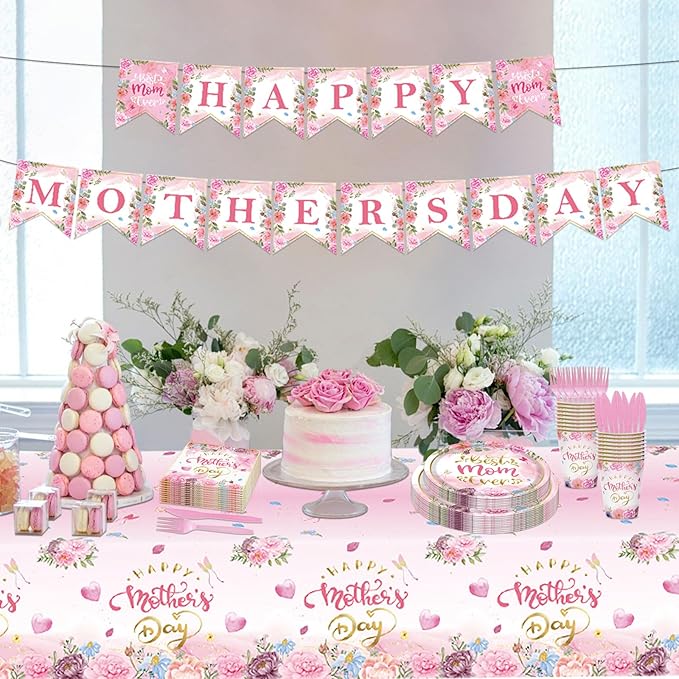 98PCS Happy Mother's Day Party Supplies Mothers Day Tableware Set Best Mom Ever Paper Plates Napkins Forks Knives Tablecloth Banner Mothers Day Party Decorations Disposable Dinnerware for 16 Guests