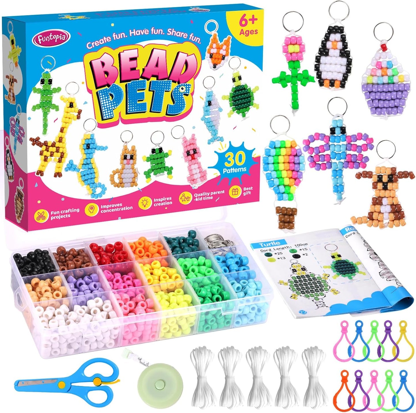 Funtopia Beads for Crafts, Pony Keychain Making Kit, Pets Art Crafts for Kids Beginners, Birthday Party DIY Craft for Girls Boys (1500 Beads, 30 Designs)