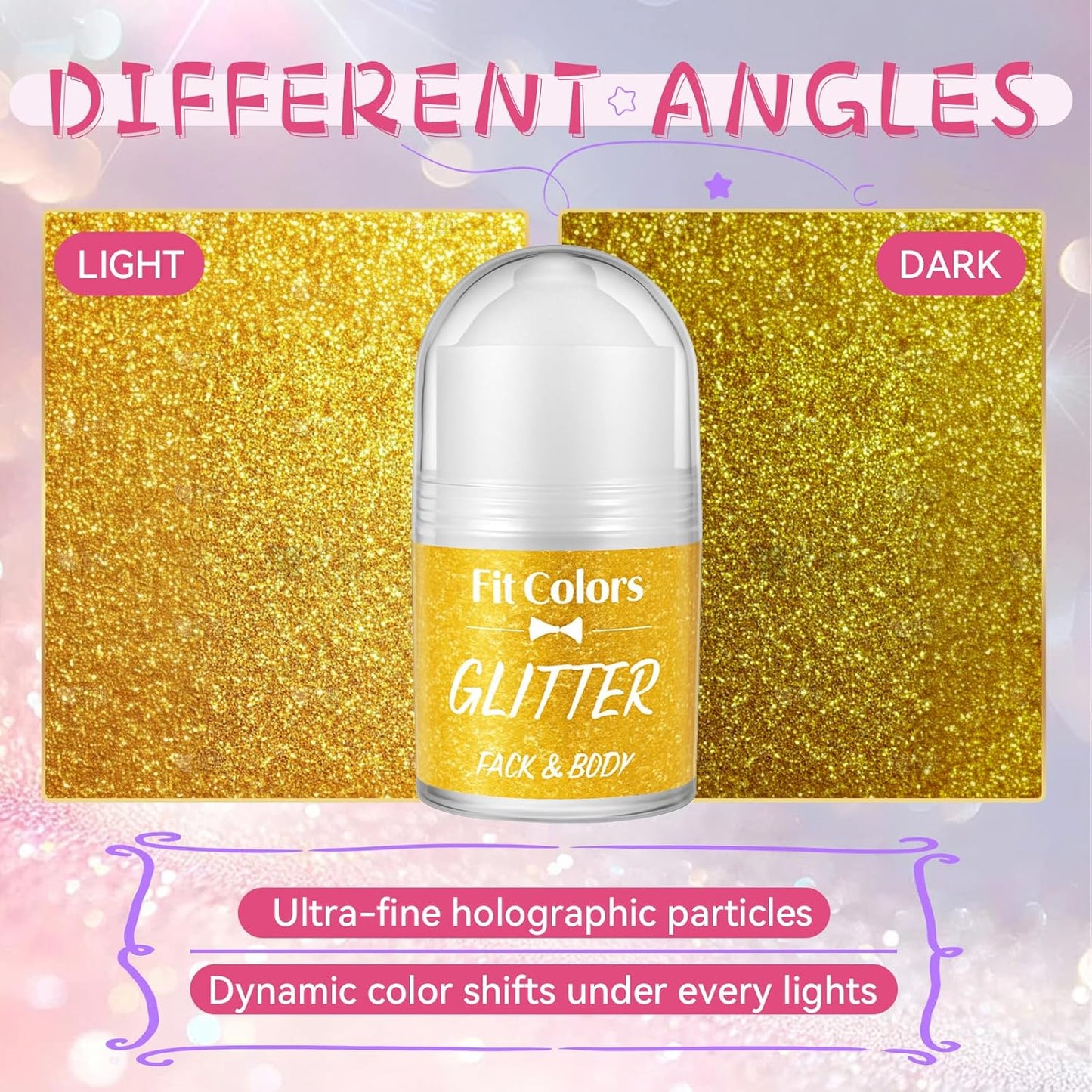 Roll-on Body Glitter, Long-Lasting Holographic Face Glitter Makeup Gel for Hair, Nails & Face Paint, Festival Rave Accessories, Party Concert Mermaid Shimmer (Gold)