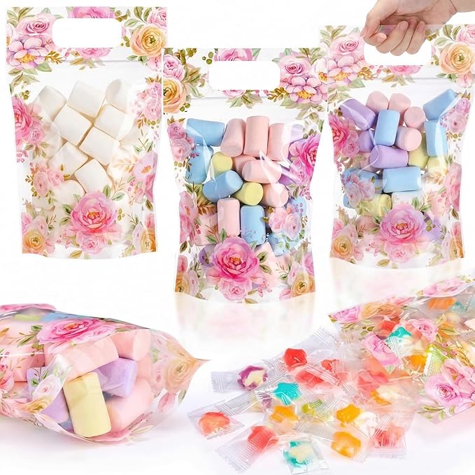 Blosssound 50 Pcs Floral Plastic Bags Clear Flower Baby Shower Bags Pink Flower Baby in Bloom Favor Pouches with Handles for Pink Tea Party Birthday Candy Gift Wrapping Supplies Decoration (Floral)