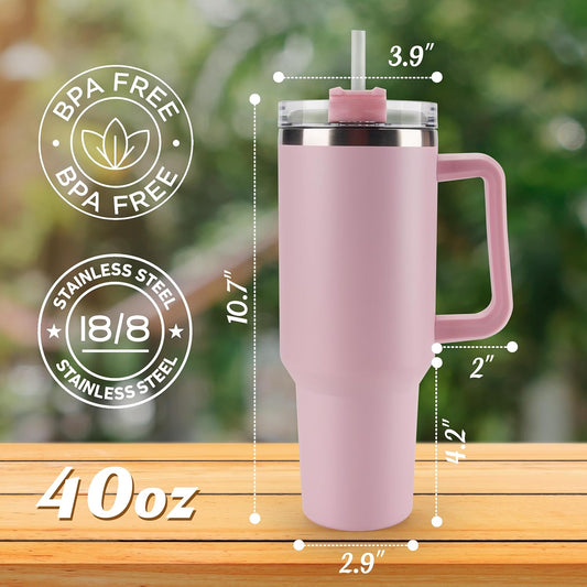 40 oz Tumbler with Handle and Straw Spill Proof Large Travel Coffee Mug Insulated Reusable Stainless Steel Cup with Lid Fit for Car Cup Holder(Light Pink)