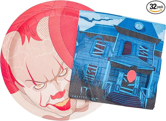 Silver Buffalo IT Chapter 2 Pennywise the Clown 32 Pack Partyware Disposable Paper Plates and Napkins