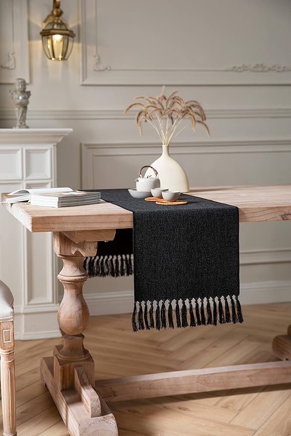 ZeeMart Black Table Runners 108 Inches Long, Burlap Linen Style Rustic Farmhouse Table Runner, Long Boho Dining Table Runner, 13x108 Inches, Black