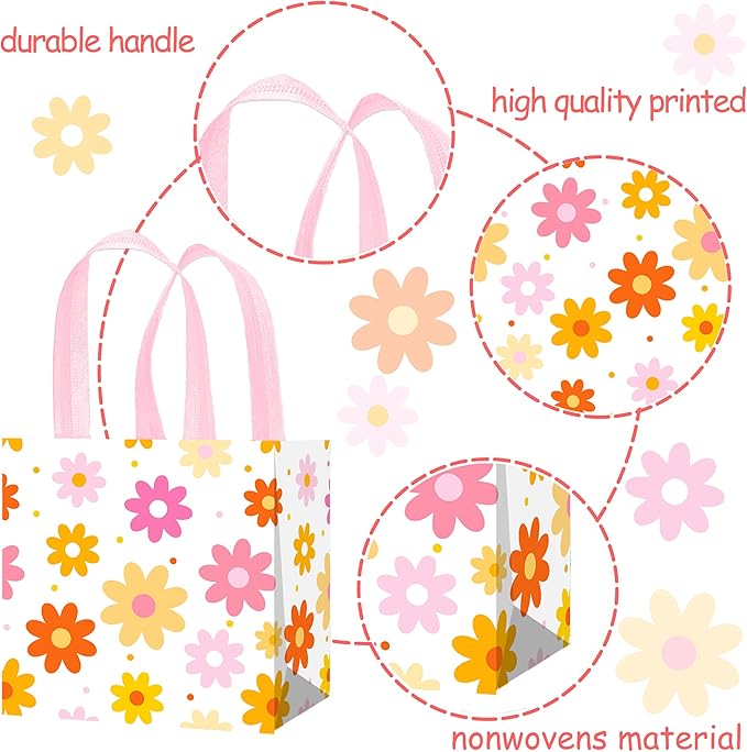 iPartyFun 12pcs Daisy Theme Gift Treat Bags with Handles Groovy Spring Flower Non-Woven Tote Bags 70s Groovy Hippie Chrysanthemum Daisy Decorations for Spring Summer Flower Birthday Wedding Supplies