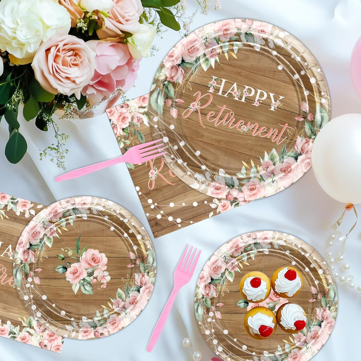 Avezano 96 PCS Retirement Party Decorations Rustic Pink Floral Happy Retirement Plates Tableware Women Farewell Party Supplies, Serves 24