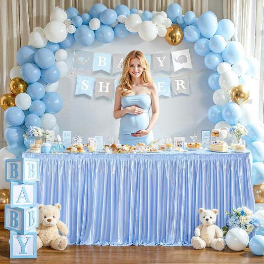 Wish Care 9ft Baby Blue Satin Table Skirt for Rectangle Tables Wrinkle Free Glitter Desk Skirts Pleated Ruffle Table Cloth for Baby Shower Gender Reveal Birthday Shark Theme Party Cake Table Decor