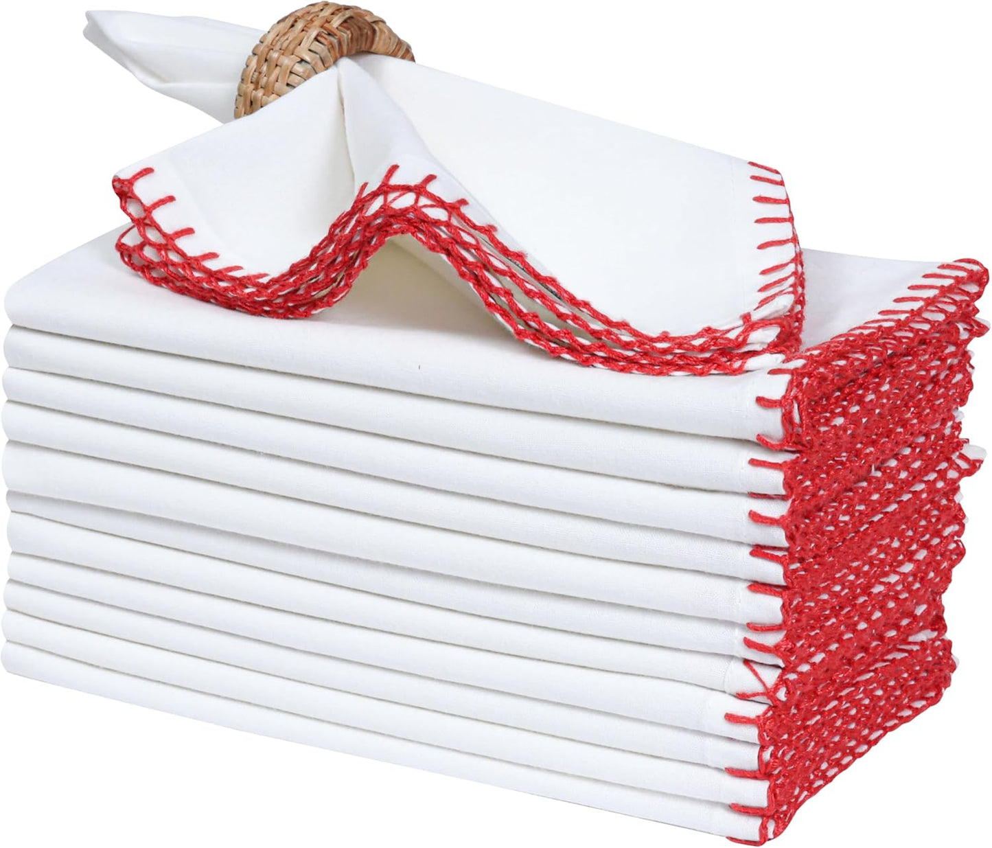 Bedding Craft Cotton Cloth Dinner Napkins Set of 12 – 18x18 Poppy Red Reusable Fabric Napkins with Blanket Stitch Selvedge – Washable Wedding Napkins for Dining Table Décor, Parties & Restaurants