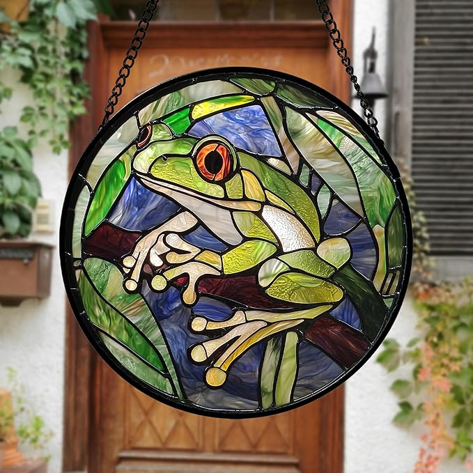Stained Glass Window Hanging, Teal Frog Sun Catcher for Door Home Decor Green Suncatcher Christmas Mother's Day Birthday Gifts for Women Men Mom and Nana 6.3 in