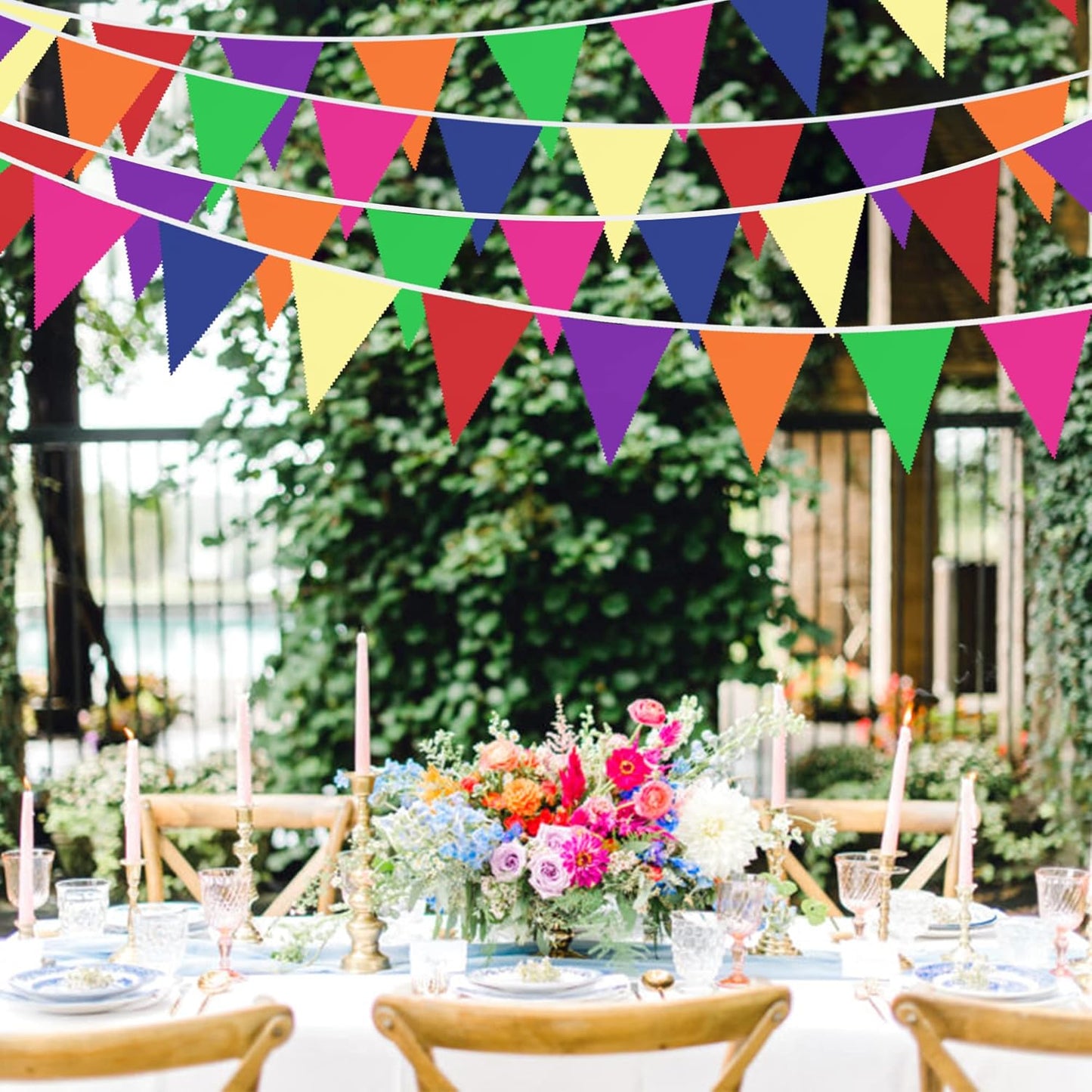 32Ft Colorful Banner Rainbow Triangle Pennant Flag Multicolor Fabric Bunting Garland for Grand Opening Kids Birthday Party Celebrations Classroom Outdoor Garden Festivals Hanging Shops Decorations