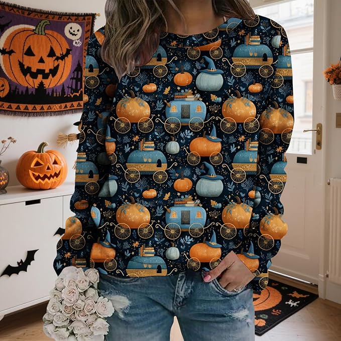 LIZALIG Pullover Cute Sweatshirt Orange Skeleton Fall Festive FunWomens Design Bat Holiday Party Outings Pumpkin Print