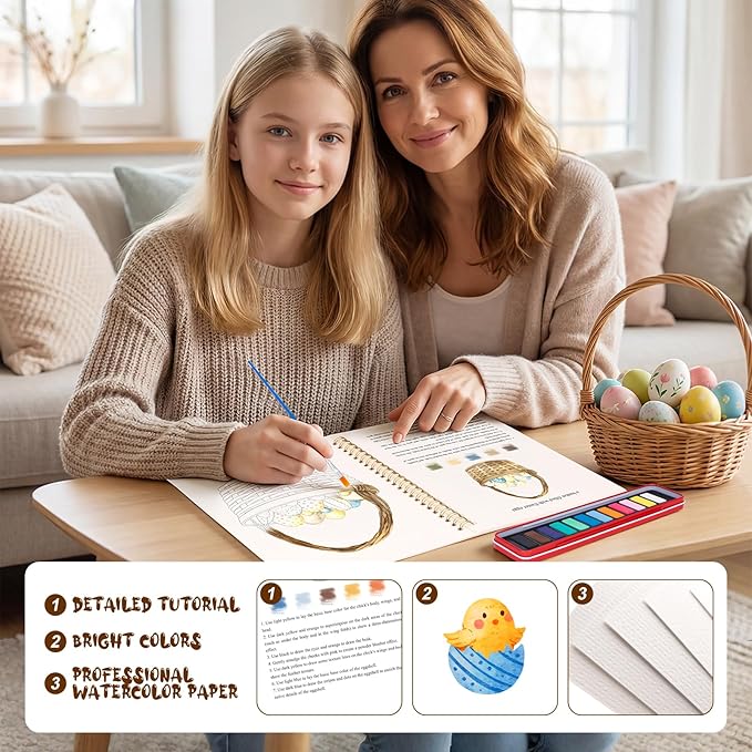Kivzex Easter Watercolor Workbook for Adults, Beginner Friendly Watercolor Painting Kit Bunny Eggs Water Coloring Book, Nature-Themed Practice Art Gift Water Color Paint Book with Palette and Brush