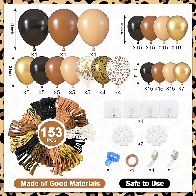 Amandir 153pcs Cheetah Balloons Arch Garland Kit, Different Sizes 18 12 10 5inch Black Dark Light Brown Gold Confetti Leopard Cheetah Print Balloons for Safari Jungle Wild Birthday Party Decorations