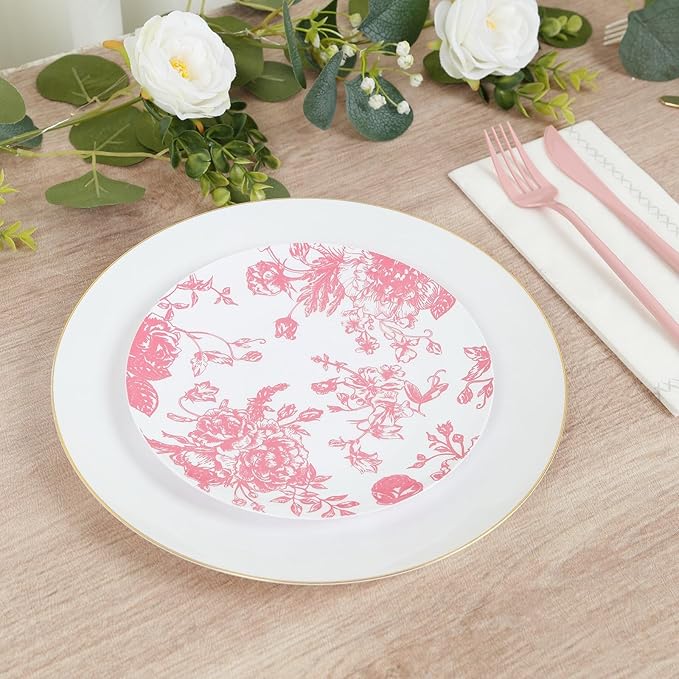 Efavormart 10-Pack French Toile Plastic Dessert Plates – Pink & White Floral, 7" Round Disposable Salad Plates