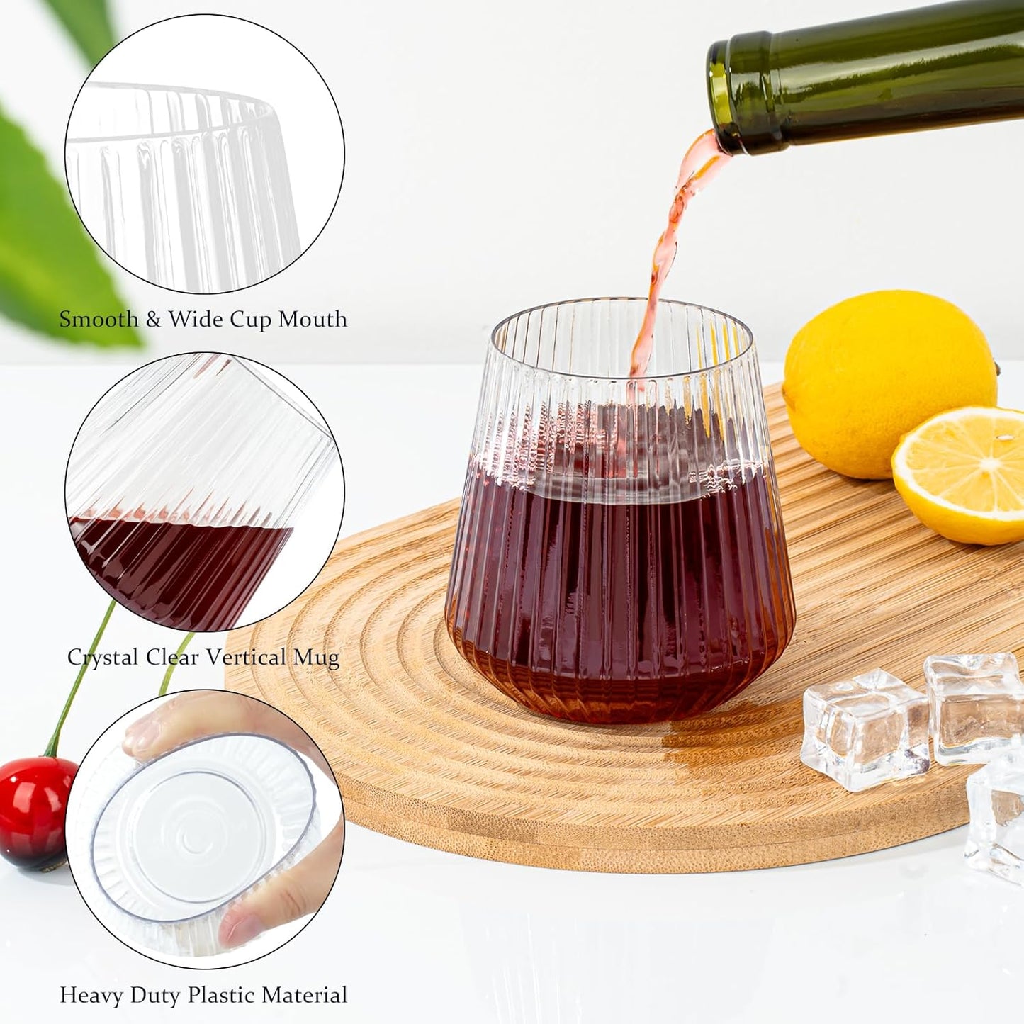 36 Pcs 12 oz Plastic Clear Ribbed Wine Glasses, Disposable & Reusable Champagne Glasses Elegant Whiskey Glasses Ideal for Weddings, Bars, Christmas, Halloween, Holidays, Pool Party, Daily Use