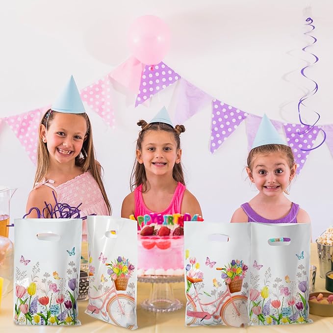 3sscha 50Pcs Spring Floral Tulip Party Favor Bags - Springtime Flower Plastic Waterproof Goodie Bag Bloom Butterfly Rectangular Gift Pack for Kids Birthday Baby Shower Decoration Party Supplies