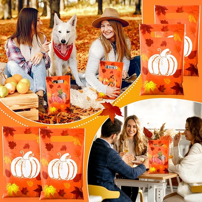 Supervitae 100 Pcs Thanksgiving Party Gift Bags Fall Pumpkin Favor Bags Bulk with Handles for Snacks Goodie Candy Treat Thanksgiving Party Supplies