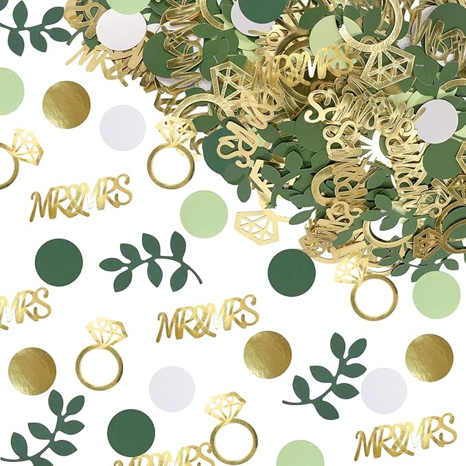 280PCS Greenery Bridal Shower Table Confetti Decorations, Sage Green MR&MRS Diamond Ring Confetti Decor for Wedding Engagement Bachelorette Bride to Be Party