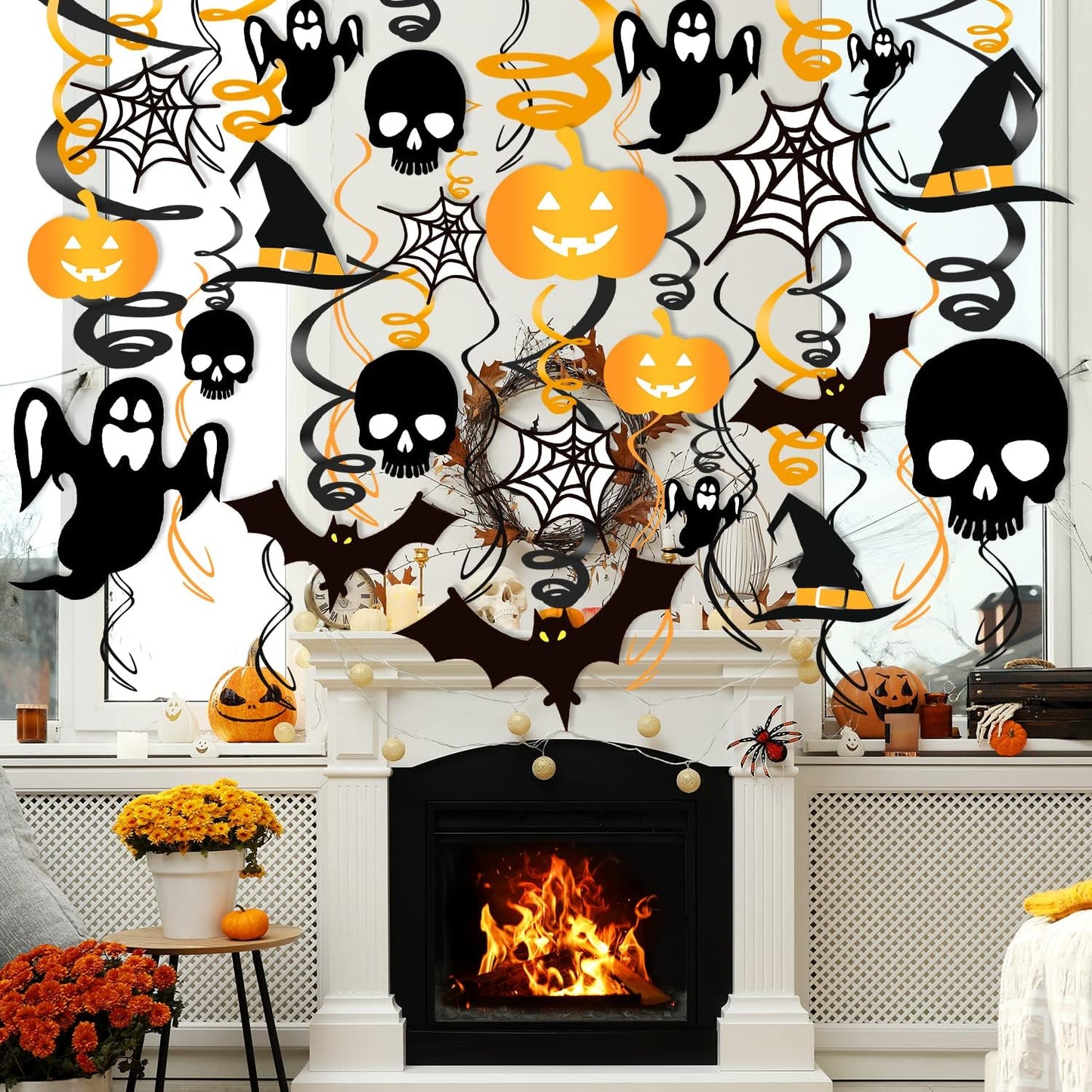 Zayvor 40CT Halloween Hanging Swirl Decorations,Outdoor Indoor Hanging Ceiling Streamers and Strings Decor, Hanging Ghost Bats Spider Halloween Decorations Holiday Decor Supplies,Black Gold