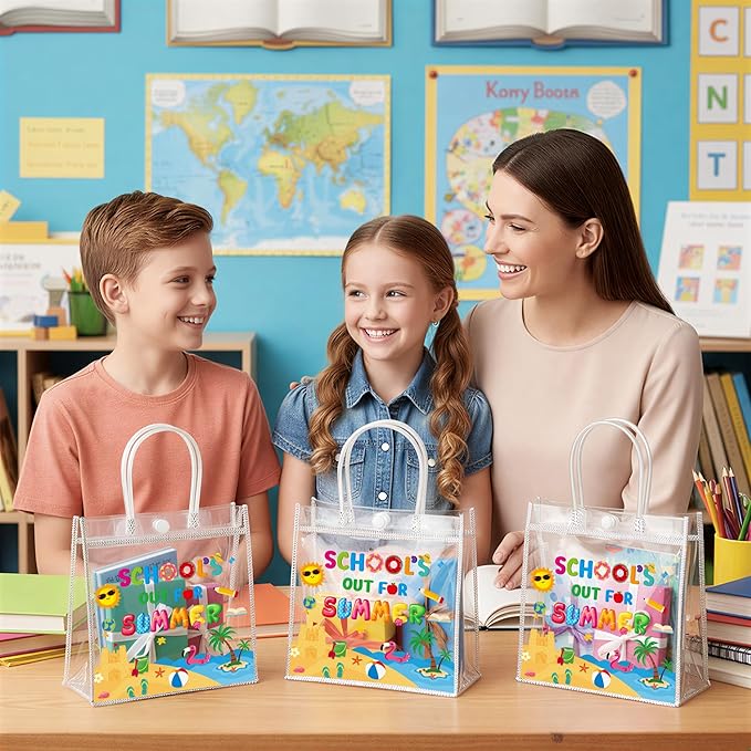 H1vojoxo End of Year Gift Bags - 24PCS End of Year Clear PVC Gift Bags with Handles Bulk 7.9x3.2x7.9 Inch Last Day of School Goodie Treat Bag Summer School's Out Classroom Gifts Wrap Totes for Student