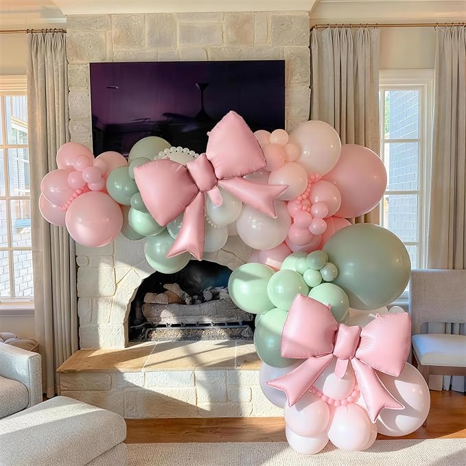 Sage Green Pink Balloon Arch, Pastel Pink Dusty Green Ivory Balloon Garland with Bow Foil Balloons for Girls Wildflower Tea Party Birthday Bridal Baby Shower Wedding Spring Floral Flower Decorations