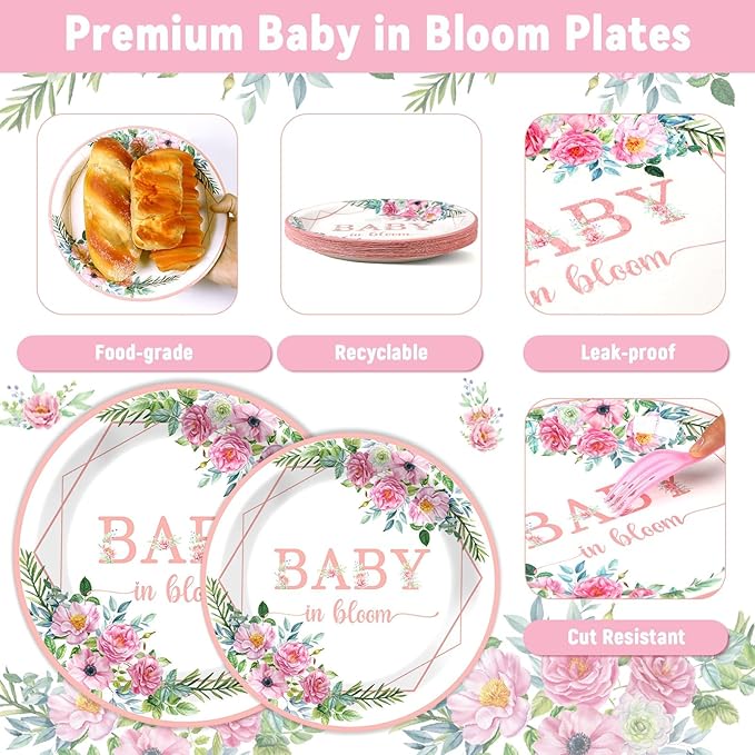 OBUSATT 96Pcs Baby in Bloom Party Supplies Baby in Bloom Floral Paper Plates Napkins Babies Shower Party Decorations Girl Floral Dinnerware Birthday Favor Pink Birthday Tableware Serves 24