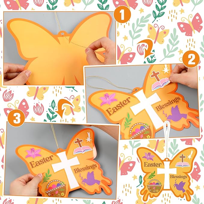 Frienda 48 Set Spring Butterfly Crafts Kit for Kids Christian Religious Butterfly Paper Craft with Stickers Sunday School DIY Kits Make Your Own Decor for Church Party VBS Classroom Activity