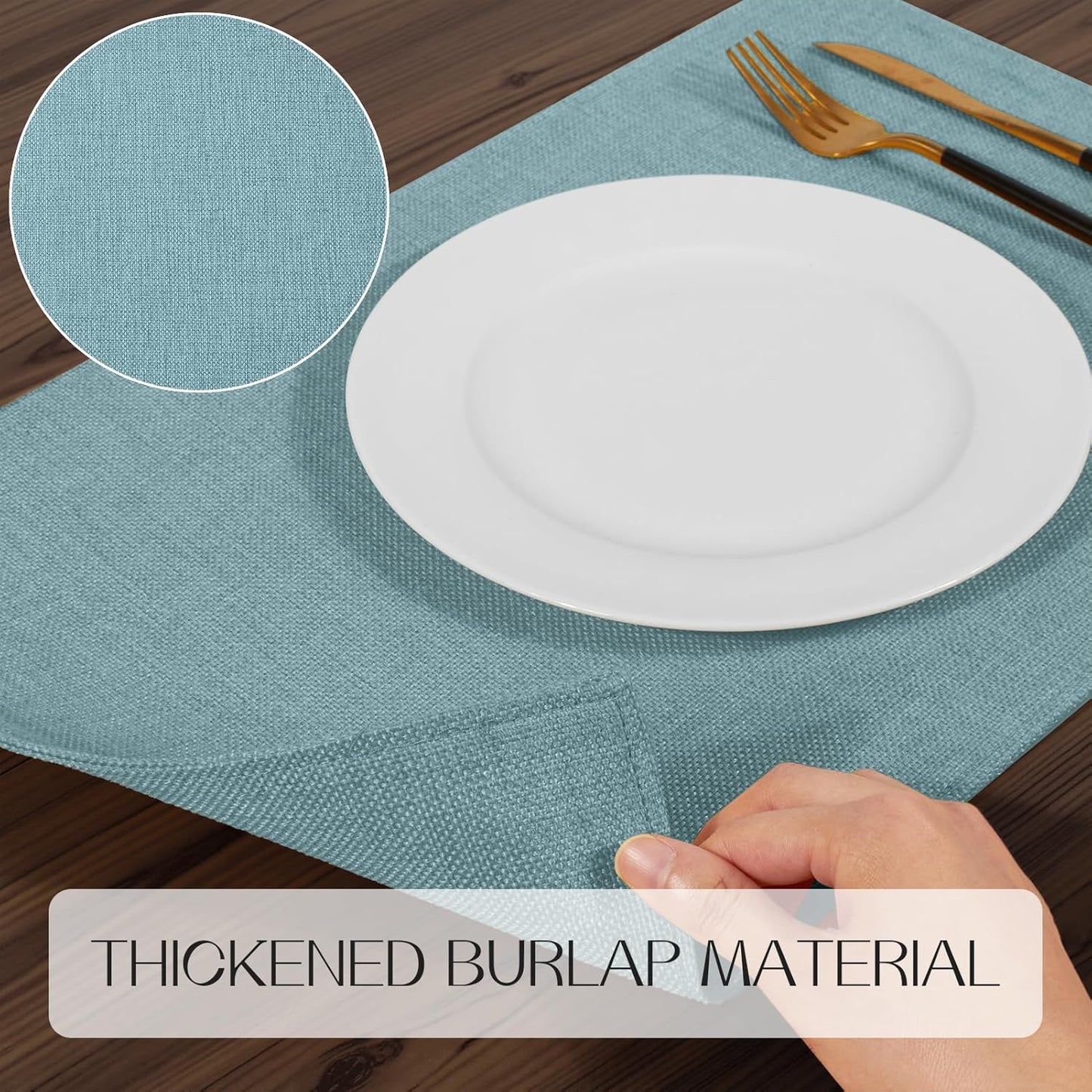 Romanstile Cloth Placemats Set of 4-12 x 18 Inch, Heat Resistant Double Layered Thickened Burlap Place Mats, Washable Linen Farmhouse Table Mats for Kitchen/Dining/Party/Outdoor, Teal