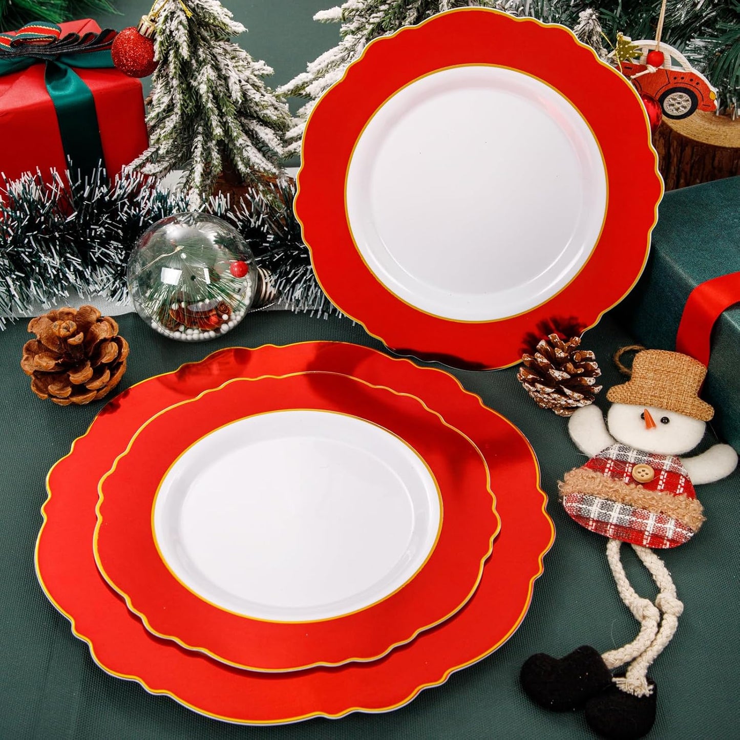 WDF 60pcs Red Christmas Plastic Plates with Gold Rim - 10.25inch Red Dinner Plates Disposable Plates Table Decor for Christmas