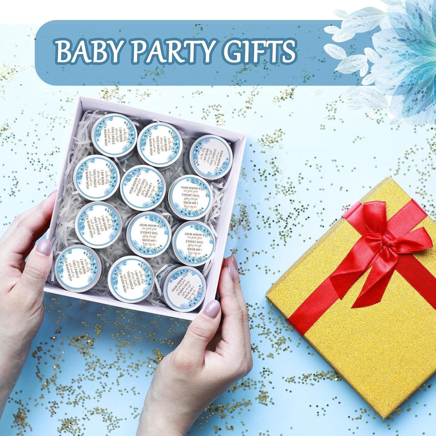 MTLEE 24 Pcs Flowers Baby Shower Party Favors Candles Lavender Scented Baby Shower Favors for Guests Rustic Tealights Candles Gender Reveal Return Gifts Girl Boy(1.2 Oz, Blue)