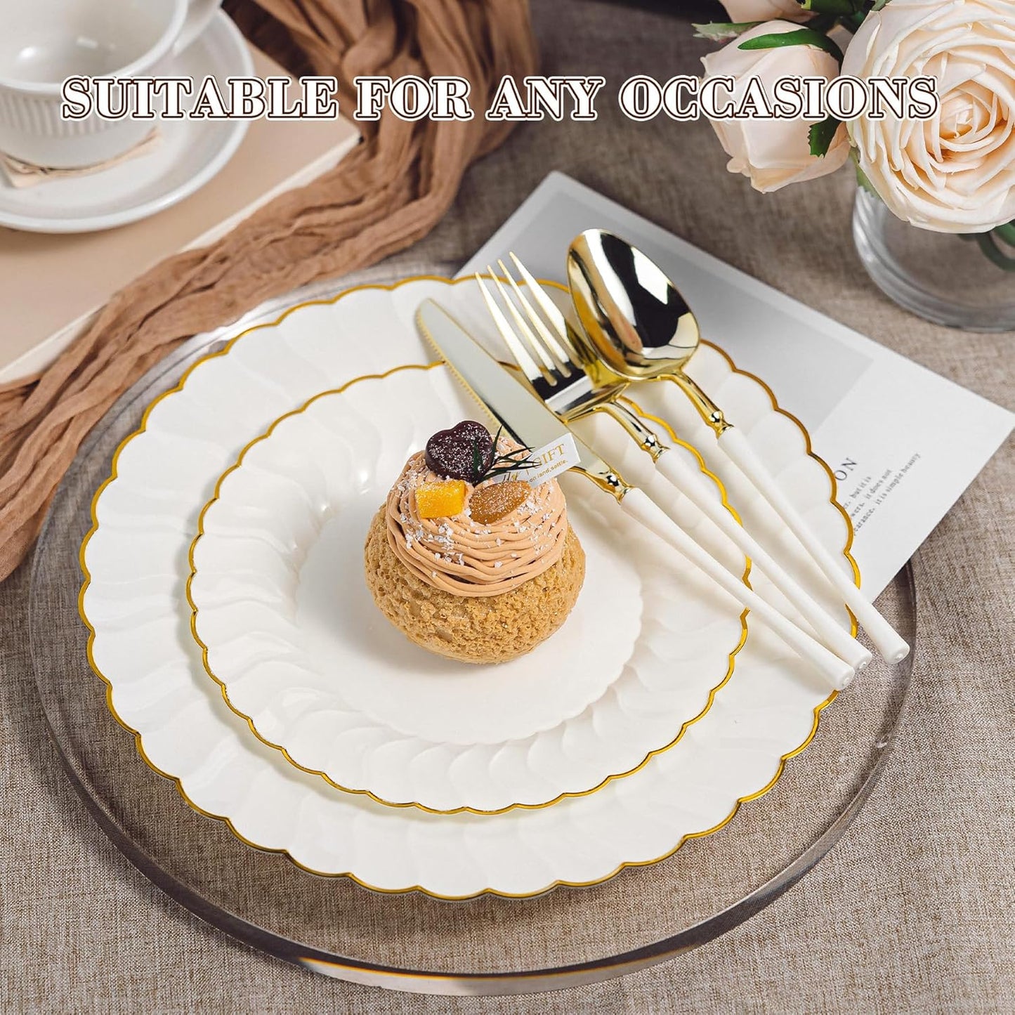 HOMIP 150PCS Ivory Plates with Gold Disposable Silverware - Include 60 Scalloped Plastic Plates, 30 Knives, 30 Forks, 30 Spoons Elegant & Lightweight for Weddings, Birthdays, Parties