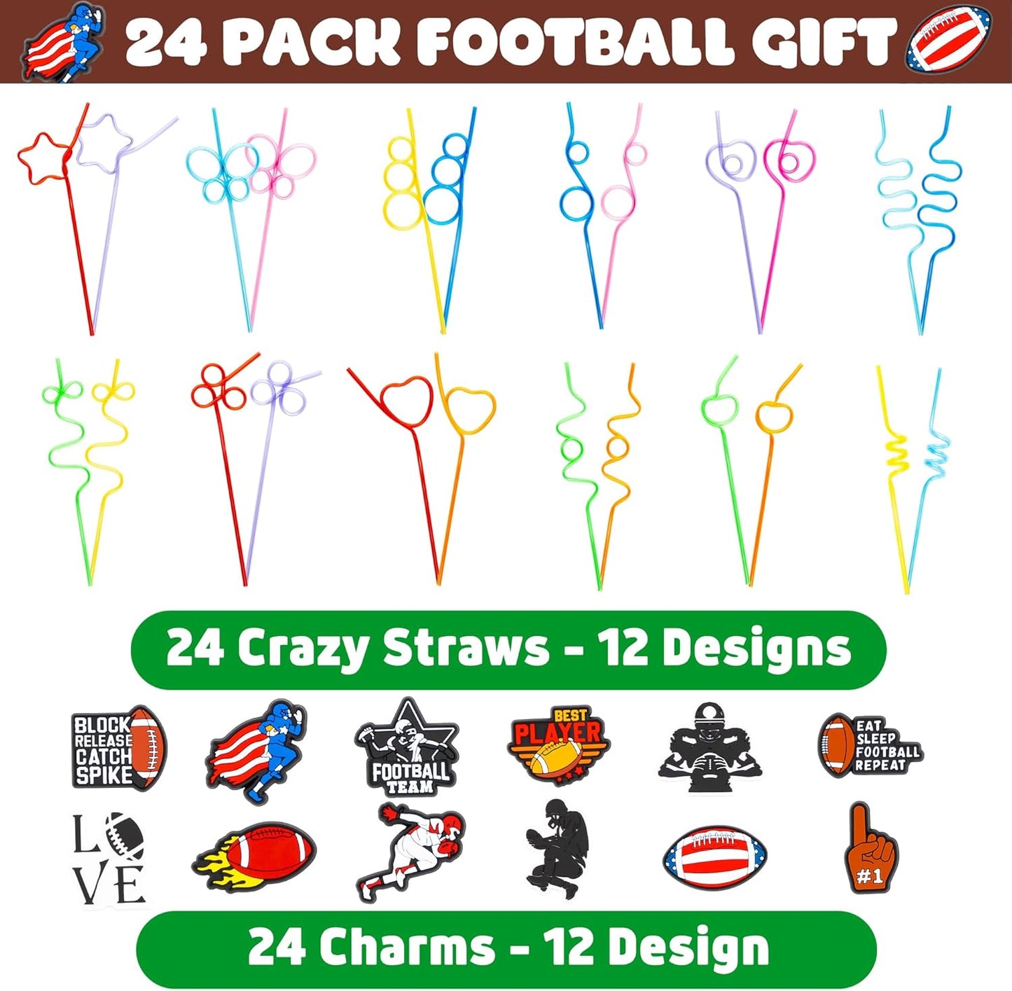 24 PCS Football Drinking Crazy Straws for Kids, Sport Themed Birthday Party Supplies Favors Decorations with 24 PVC Cute Charm, 2 Cleaning Brushes Reusable Straw