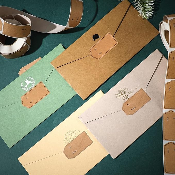 auroray 600 Pcs Natural Brown Kraft to and from Gift Tag Stickers 1.18"X2.36", Kraft to from Adhesive Gift Labels Sticker Christmas Holiday Present Labels, 300 Pcs/Roll