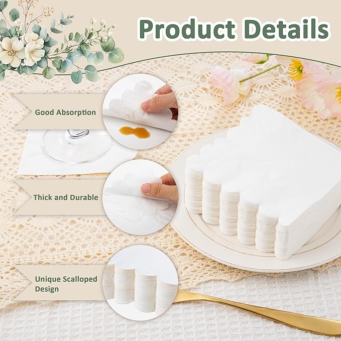 100 Pcs White Napkins Scalloped Edged Dessert Cocktail Napkins Folded 5 x 5 Inches Disposable Napkins for Dinner Wedding Birthday Party