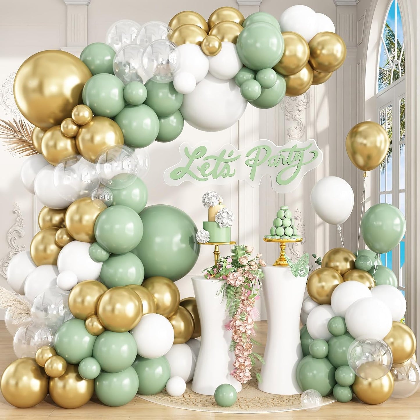 Sage Green White Gold Balloon Garland Arch Kit, 148Pcs Green and White Clear Balloons for Baby Shower Wedding Bridal Shower Birthday Party Decorations