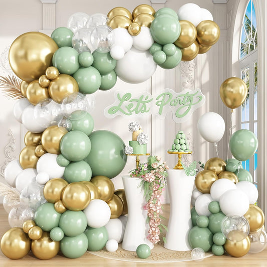 Sage Green White Gold Balloon Garland Arch Kit, 148Pcs Green and White Clear Balloons for Baby Shower Wedding Bridal Shower Birthday Party Decorations