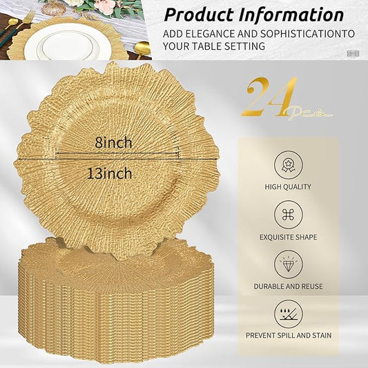 Pesonlook 24Pcs Gold Charger Plates Round 13inch, Reef Plate Chargers for Dinner, Bulk Plastic Floral Table Charger Plates for Dinner Wedding Party Event Table Setting Decoration(Gold)
