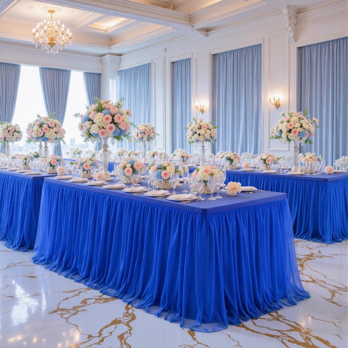 Royal Blue Tulle Tablecloth for 8 Foot Rectangular Tables 8ft Royal Blue Table Cloths Rectangle Wrinkle Free Table Cover with Skirt for Wedding Birthday Party Baby Shower Banquet Buffet Cake Cocktail