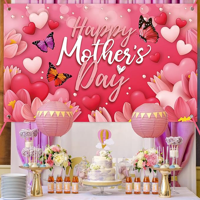 Large Happy Mother's Day Banner Decorations Mothers Day Flag Outdoor 71x44 Inch,Mom Gifts for Indoor Home House Decor Party Supplies,Yard Sign Background for Photography, Red Pink Heart Flowers