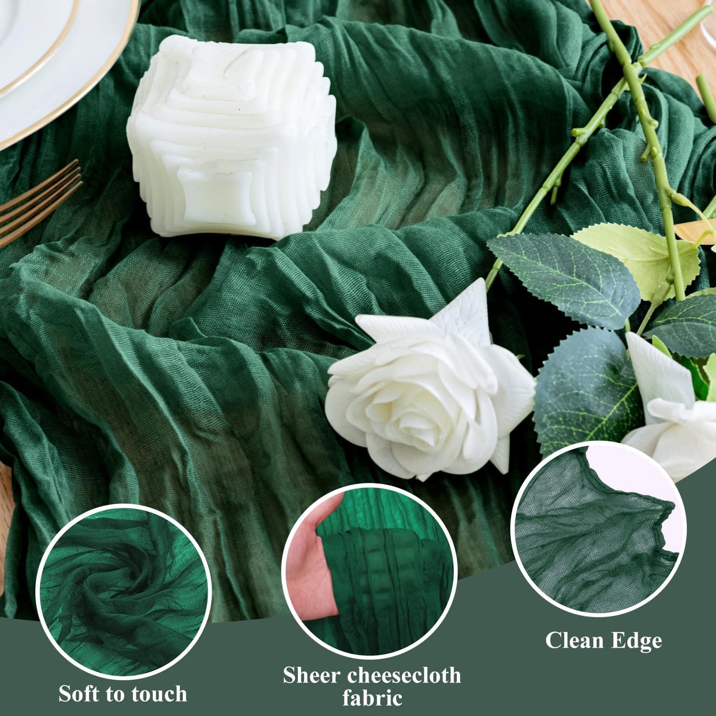 Wokceer Cheesecloth Table Runner Emerald Green 10FT Boho Gauze Christmas Cheese Cloth Table Runner for Party Long Rustic Sheer Table Runners for Baby Bridal Shower Wedding Easter Table Decor