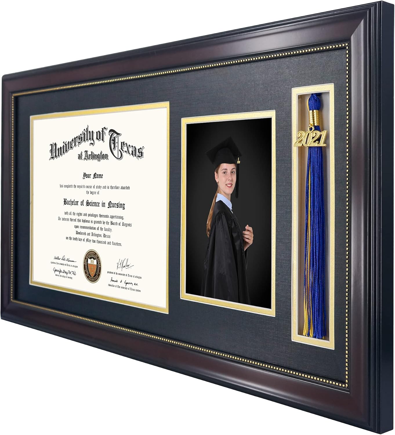 GraduationMall 11x22 Mahogany Diploma Frame with Tassel Holder and Picture for 8.5x11 Certificate 5x7 Photo,Real Glass,Black over Gold Mat