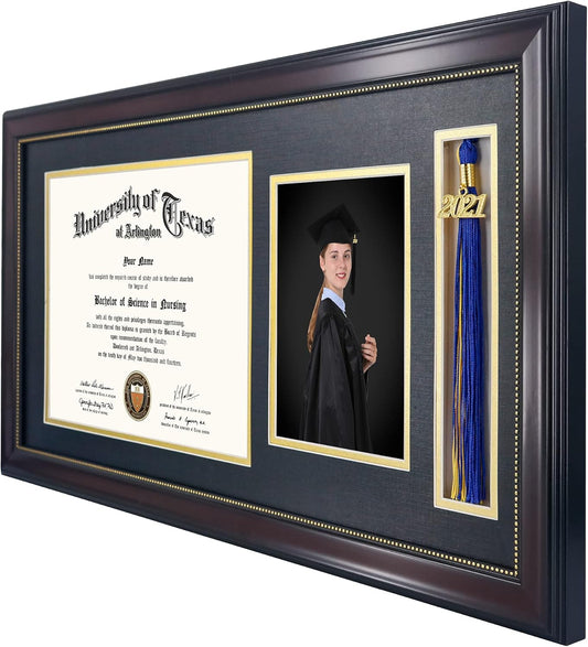 GraduationMall 11x22 Mahogany Diploma Frame with Tassel Holder and Picture for 8.5x11 Certificate 5x7 Photo,Real Glass,Black over Gold Mat
