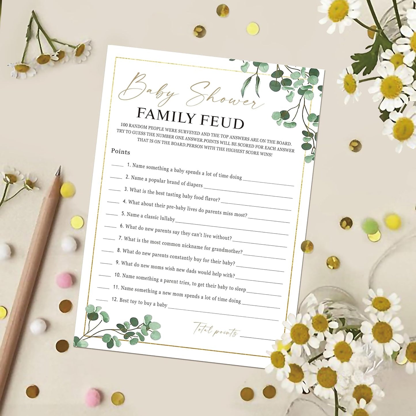 Baby Shower Family Feud Game - Pack of 30 Game Cards 1 Answer Key, Greenery Baby Shower Game for Boy & Girl, Baby Shower Decorations, Baby Feud Game Supplies-04