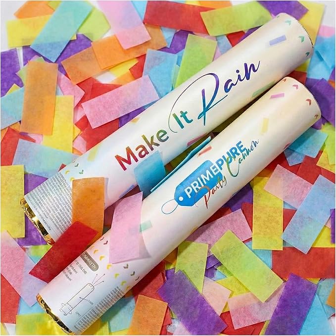 PrimePure Confetti Cannon Party Poppers - Biodegradable Multicolor Rectangular Confetti Poppers - 2 Pack - Party Cannon Shooters Gun for Wedding, Birthdays, Celebrations